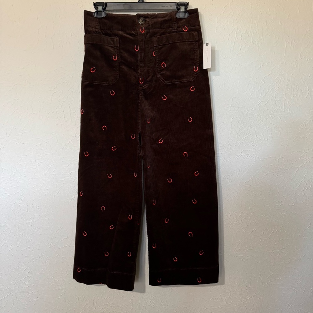 Women’s Dark Brown Corduroy Wide-Leg Crop Pants with Embroidery Horseshoe
